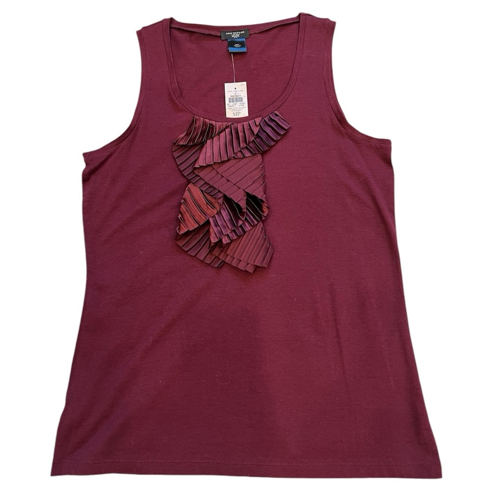 ANN TAYLOR shirt sleeveless burgundy wine MP petite ruffled pleated front knit.